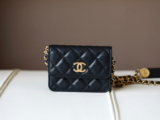[Luxe]0528 Black Quilted Caviar Belt Bag Aged Gold Hardware