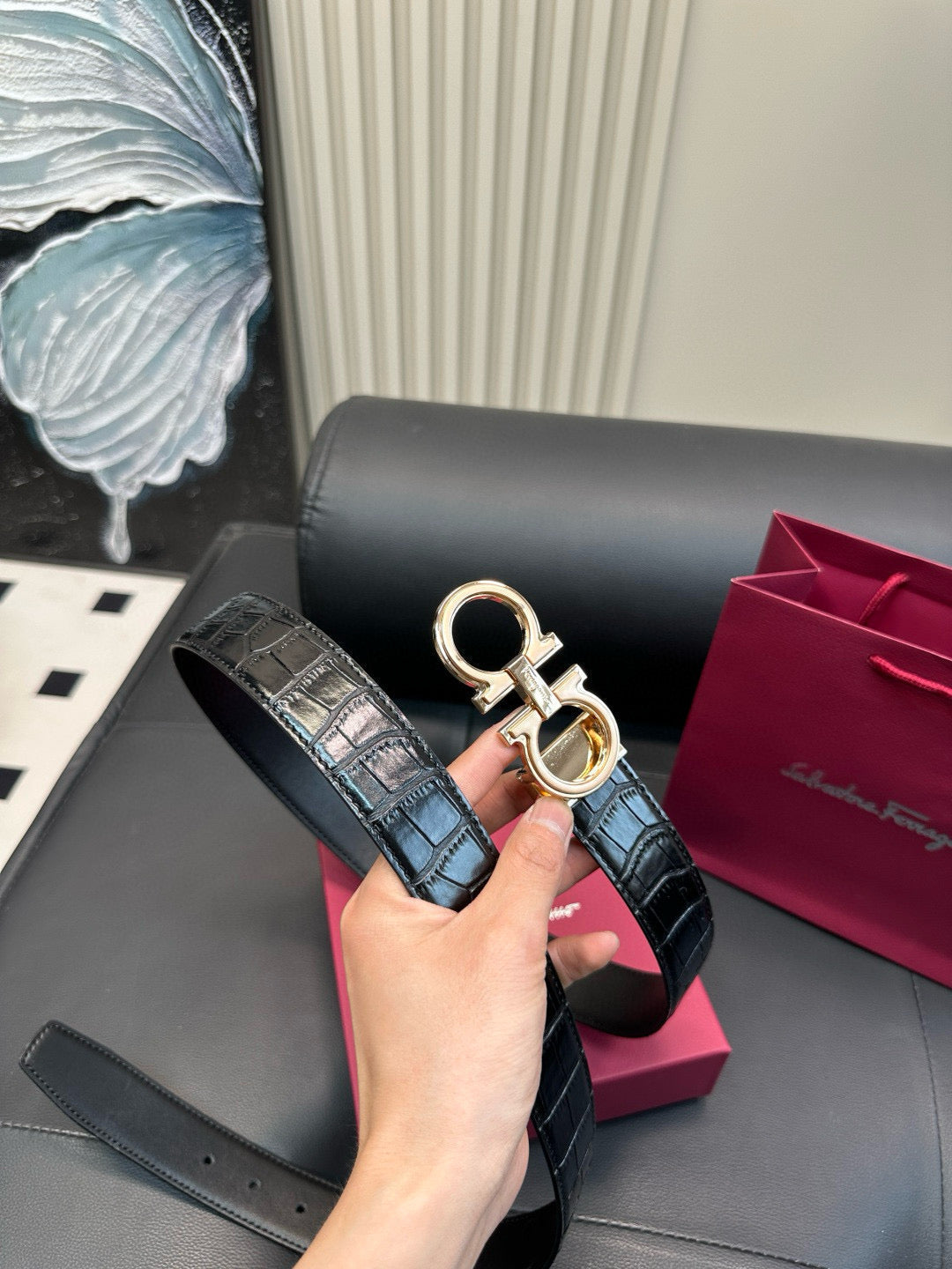 [Luxe]Ferragamo Crocodile skin pattern belt