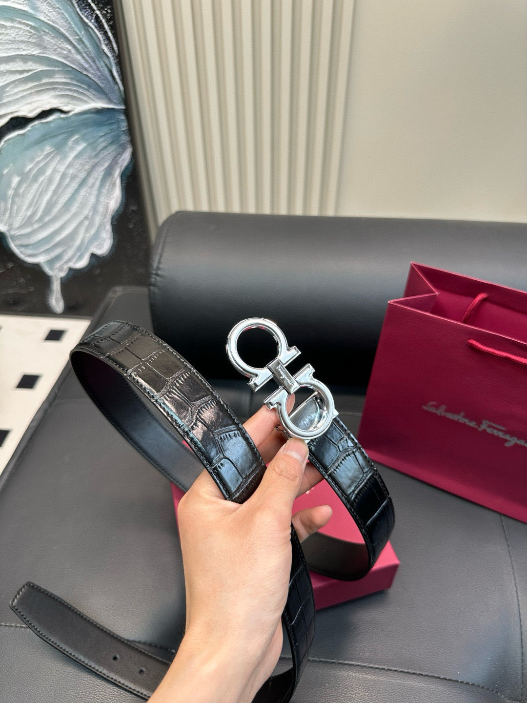 [Luxe]Ferragamo Crocodile skin pattern belt