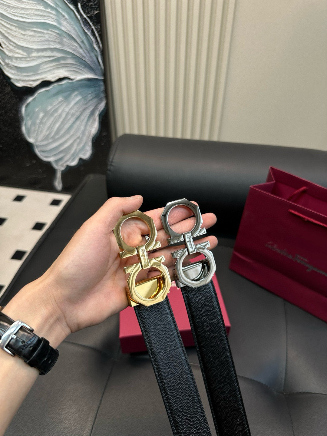 [Luxe]Ferragamo 8-sided polished steel buckle