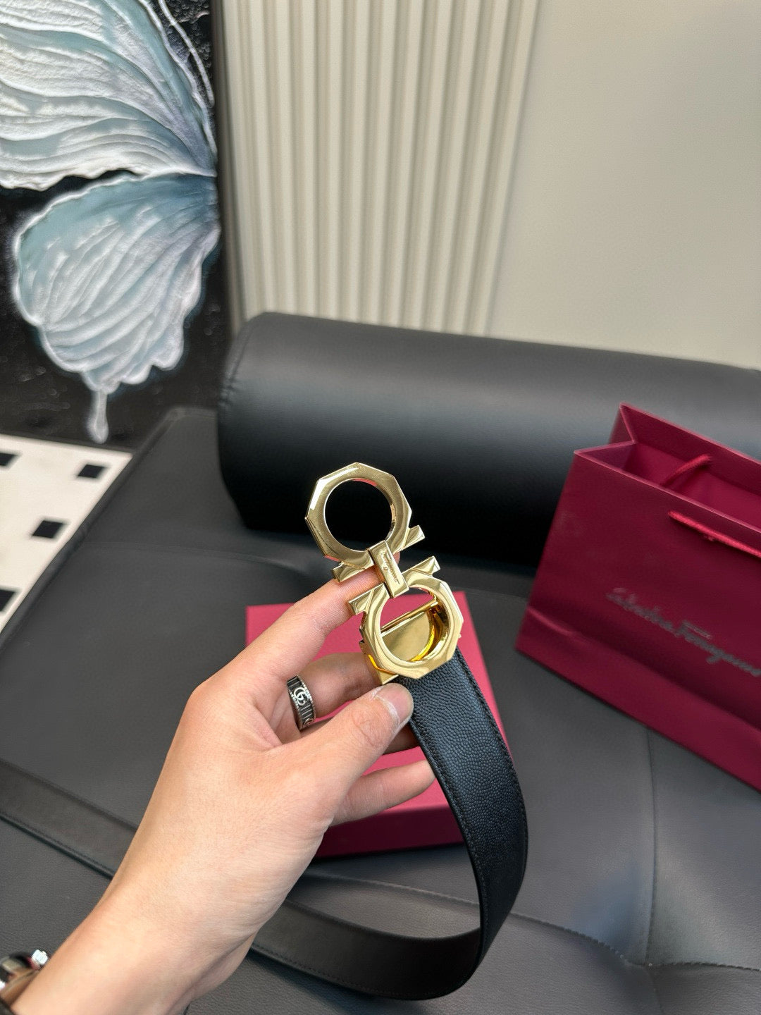 [Luxe]Ferragamo 8-sided polished steel buckle