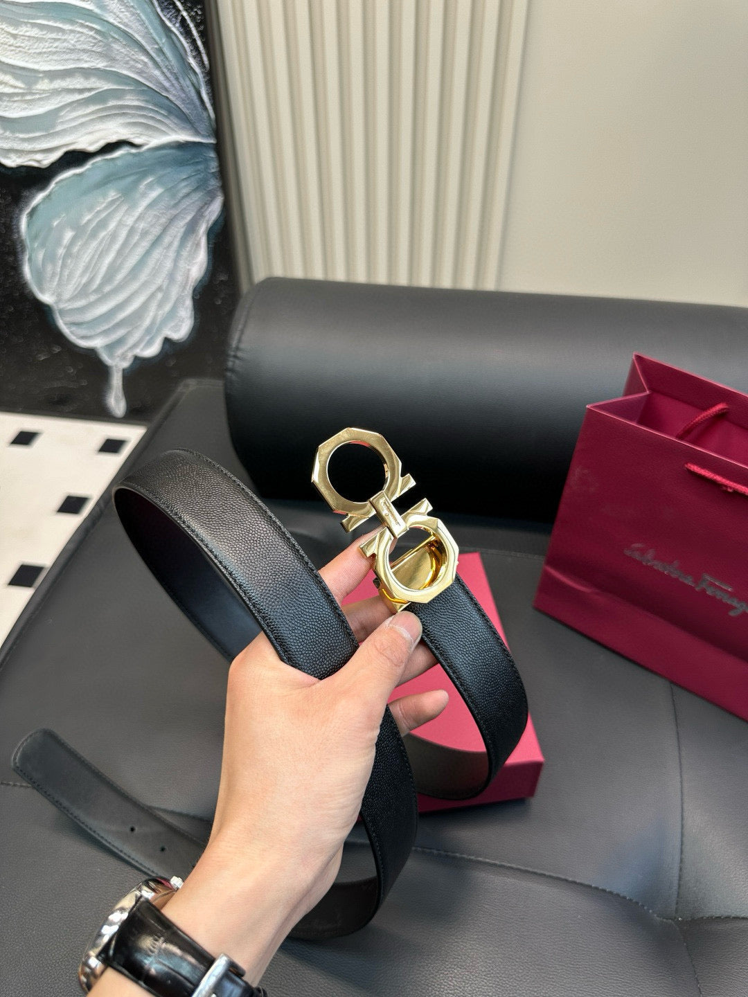 [Luxe]Ferragamo 8-sided polished steel buckle