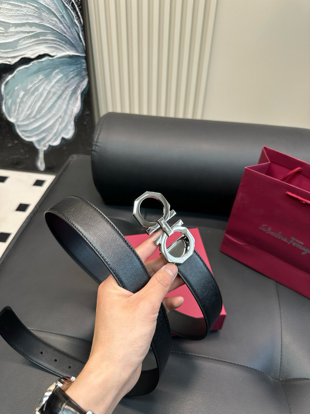 [Luxe]Ferragamo 8-sided polished steel buckle