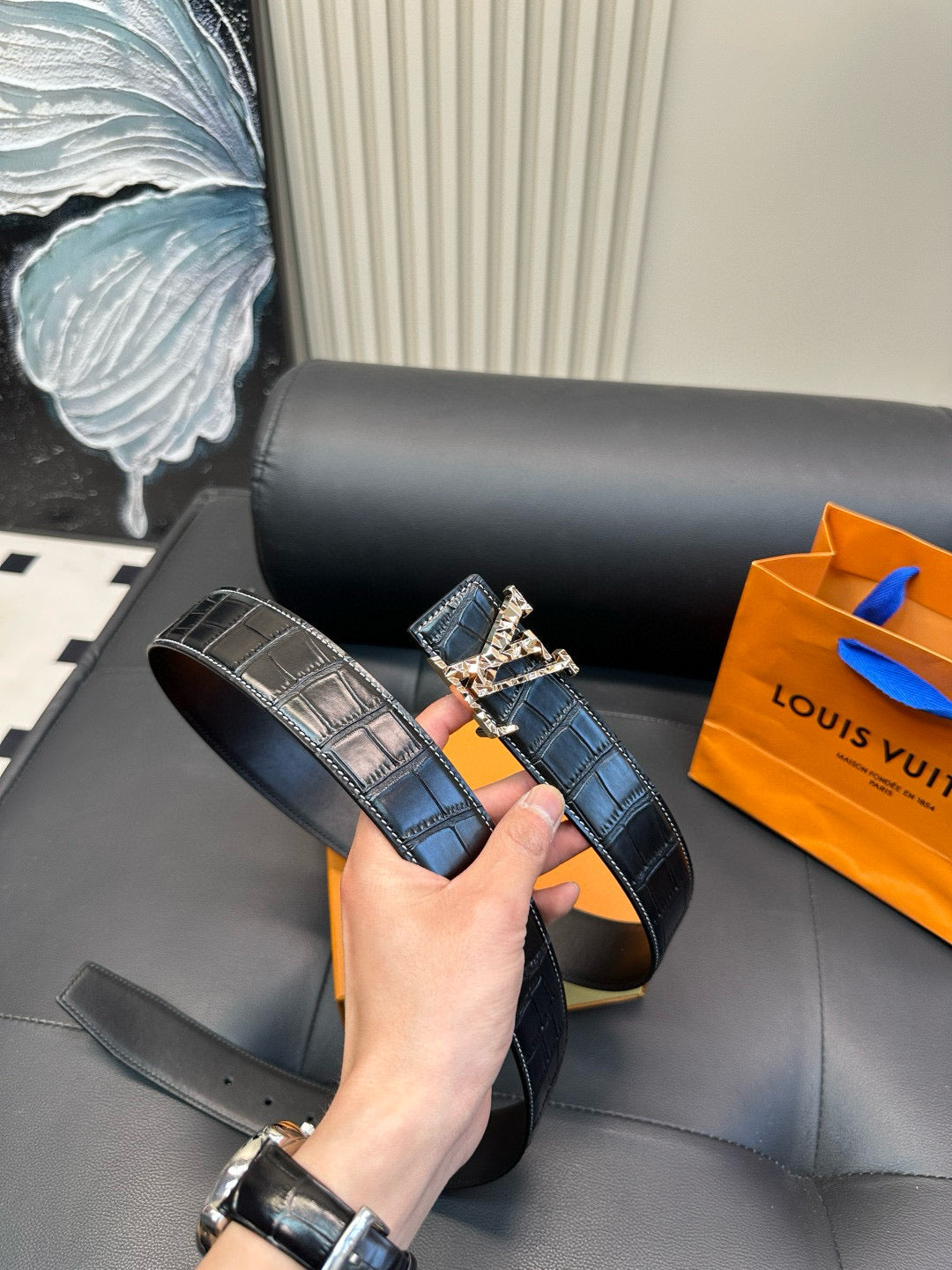 [Luxe]LV Diamond-cut steel buckle with crocodile skin pattern