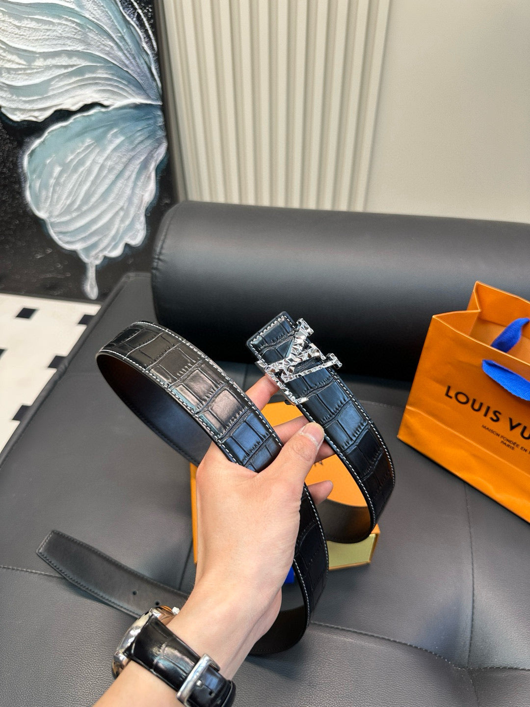 [Luxe]LV Diamond-cut steel buckle with crocodile skin pattern