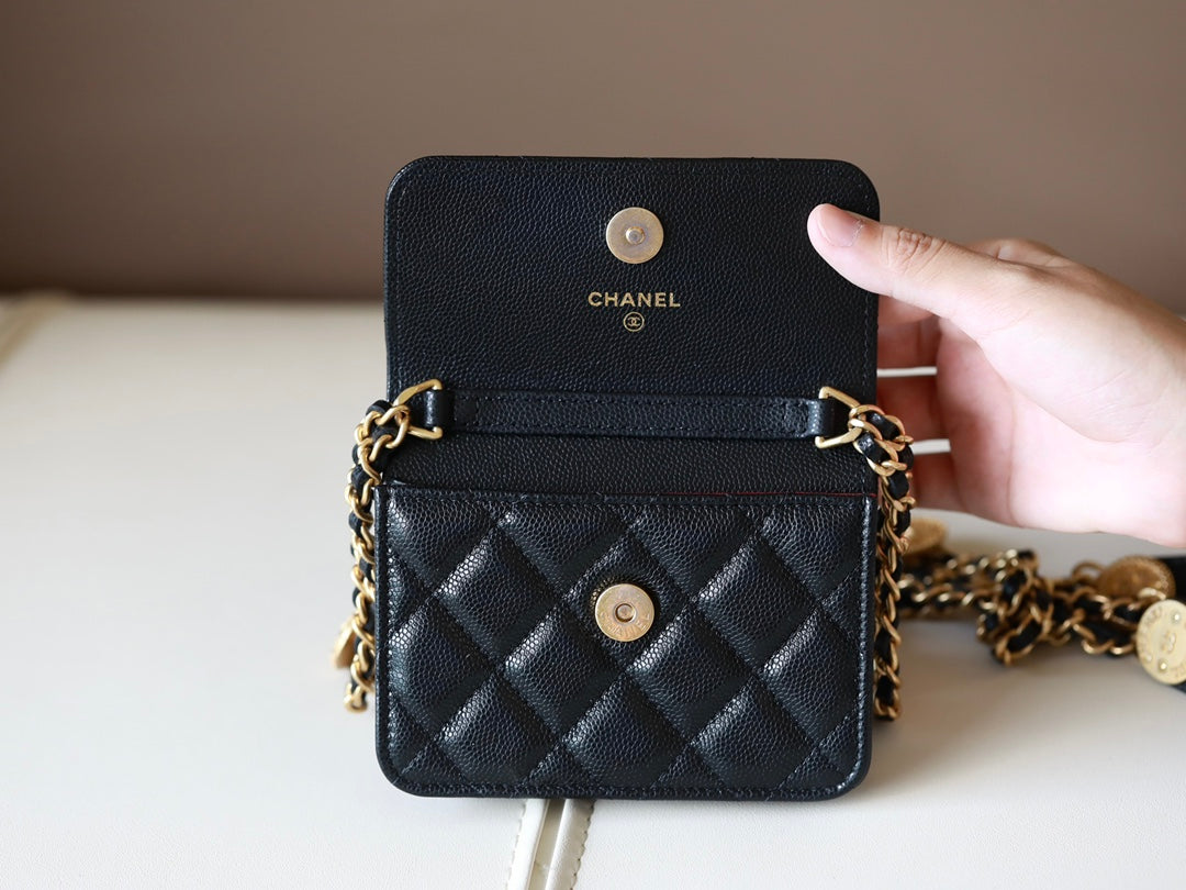 [Luxe]0528 Black Quilted Caviar Belt Bag Aged Gold Hardware
