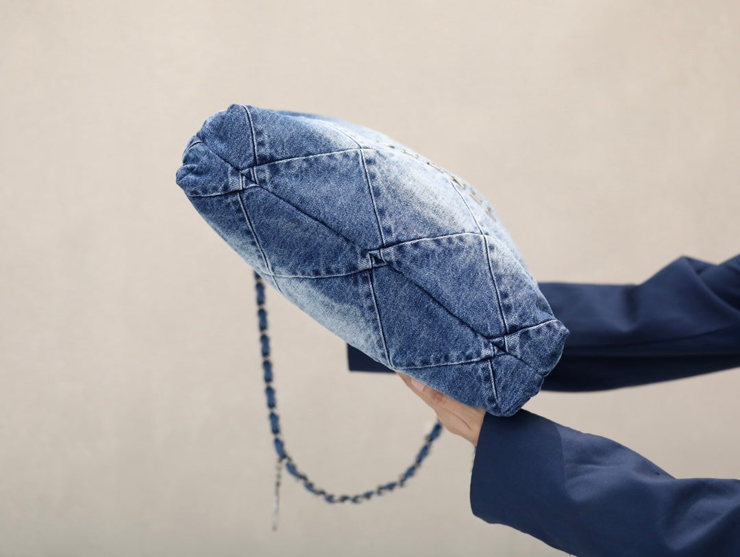 [Luxe]0528 Handbag Washed Denim & Silver-Tone Metal Light